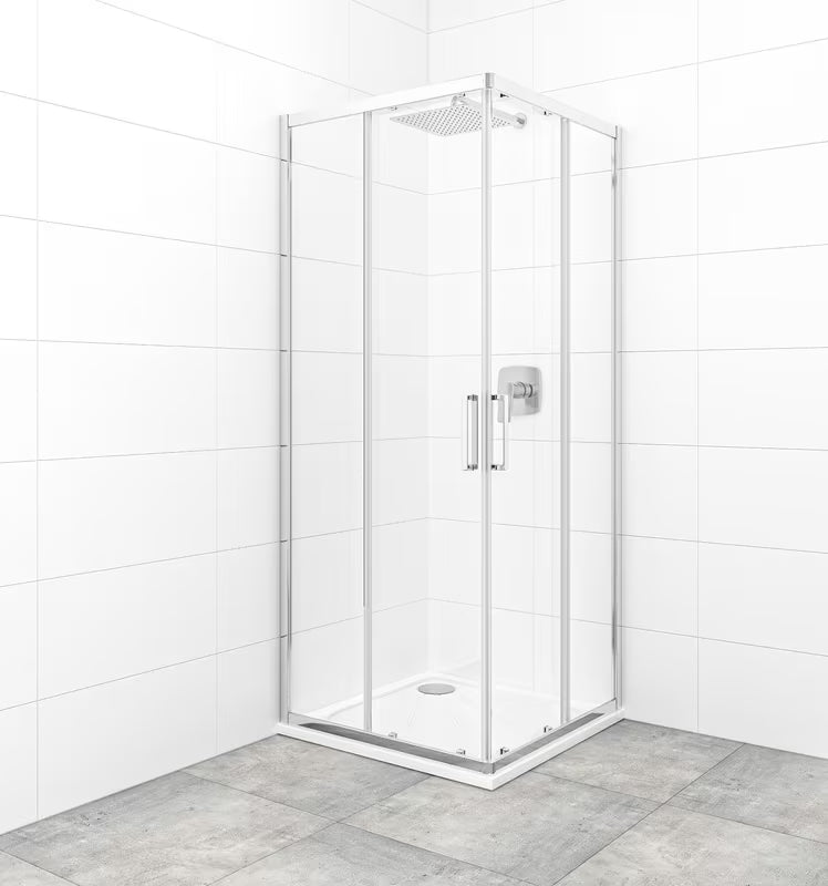 Kvadratna tuš kabina SAT Tex 80x80 cm s prozornim steklom, drsnimi vrati in profili v sijaj krom izvedbi.