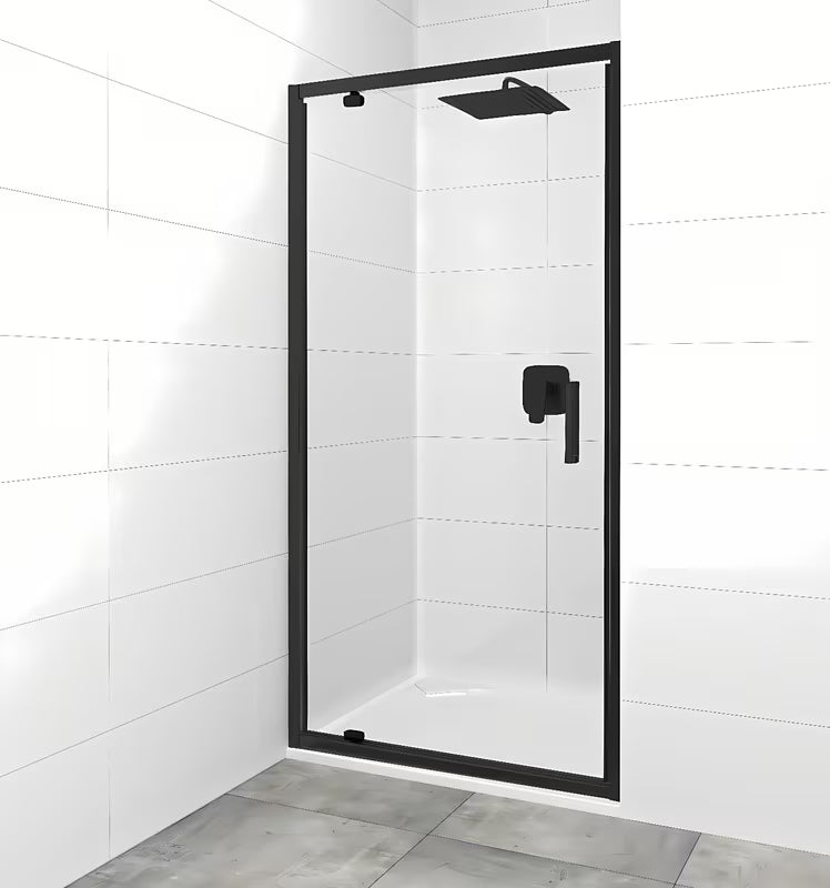 Pivotna tuš vrata SAT Tex 90 cm v črni izvedbi s prozornim varnostnim steklom.