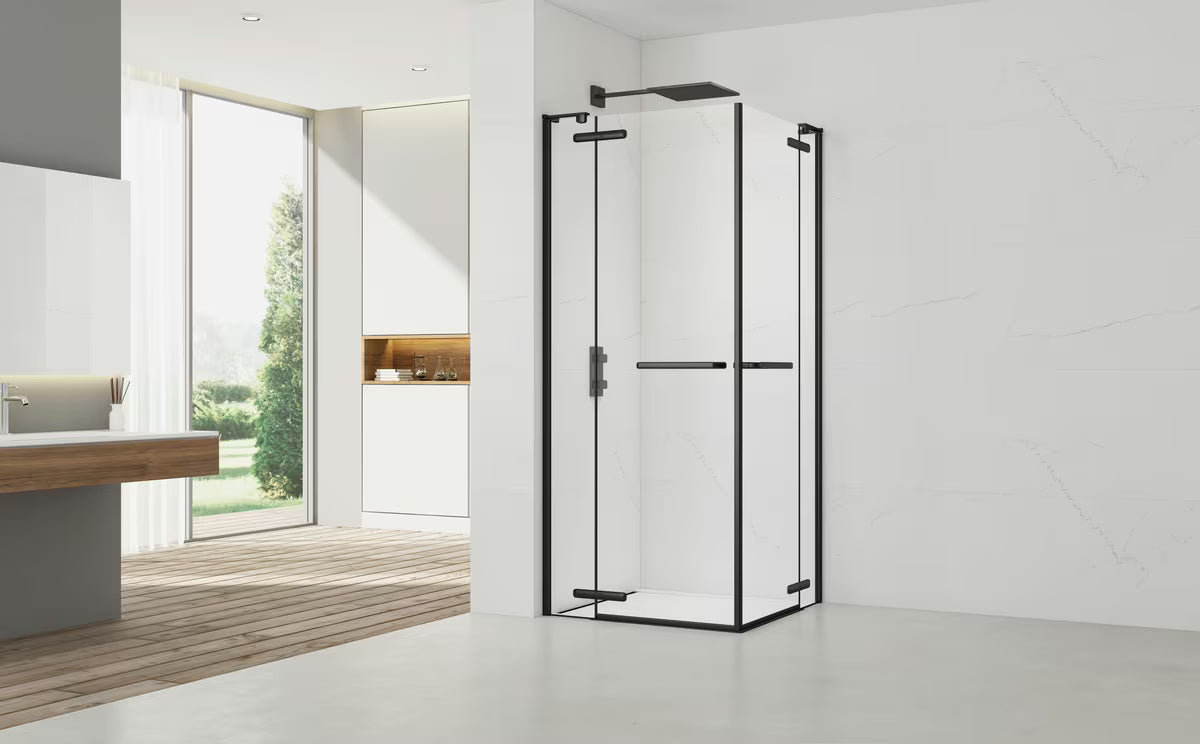 Kvadratni brezokvirni tuš kabina SAT TGD New 120x120 cm v mat črni barvi s prozornim steklom