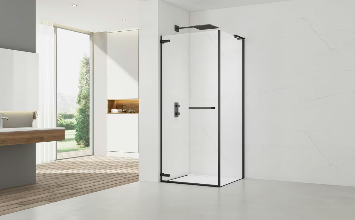 Bezokvirni kvadratna tuš kabina SAT TGD New 90x90 cm u mat crnoj boji s prozirnim staklom