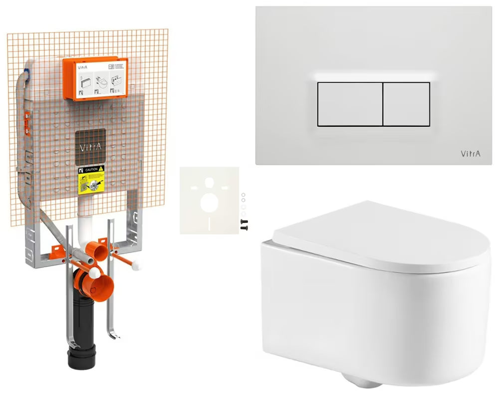 Viseči WC set SAT Tornado za ugradnju u zid s vrtložnim ispiranjem i tipkom za ispiranje u sjajnoj bijeloj boji.