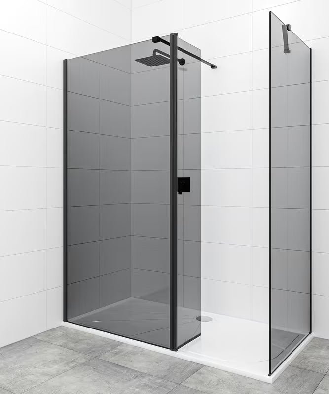SAT Walk-in tuš stena Walk-In 140 × 90 cm v črni barvi z neprosojnim dimljenim steklom in vrtljivo steno.