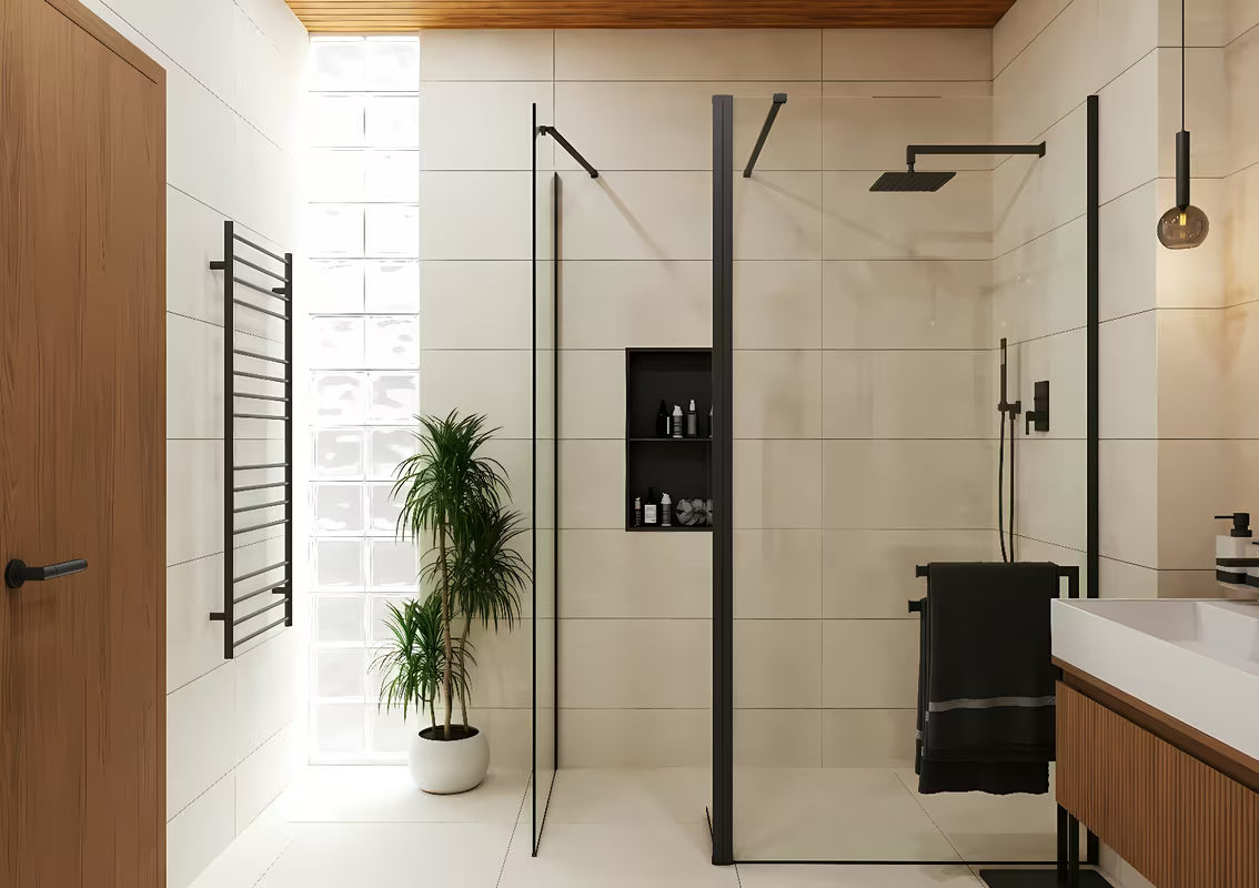 Crna walk-in tuš stijena SAT Walk-in 110x90 cm od prozirnog stakla s površinskom obradom Easy Clean.