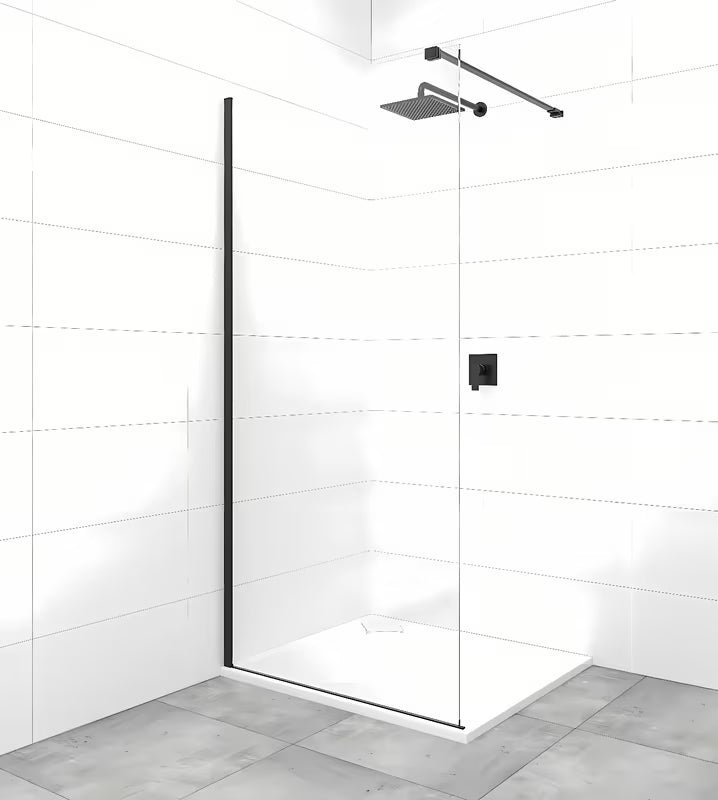 Crna walk-in tuš stijena s prozirnim sigurnosnim staklom i stabilizacijskim nosačem