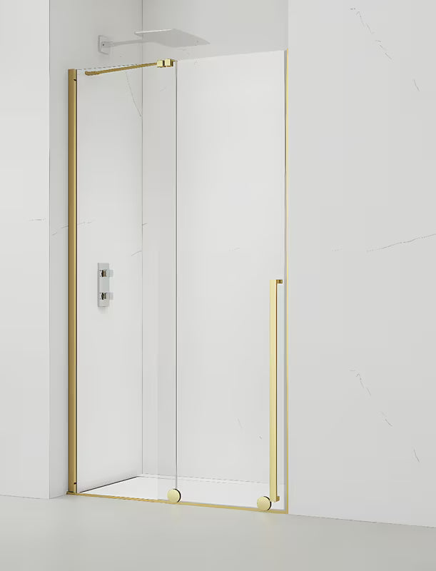 Tuš vrata SAT Walk-In Xmotion 110 cm v sijajni zlati izvedbi s prozornim steklom in drsnim odpiranjem.