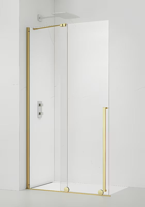 Walk-in tuš stena SAT Xmotion 110 cm v sijajni zlati barvi s prozornim steklom in brezokvirno izvedbo.
