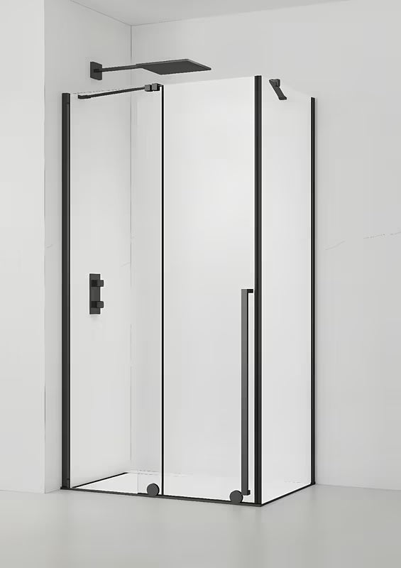 Tuš kabina SAT Xmotion 120x90 cm v črni izvedbi s prozornim steklom in drsnim sistemom