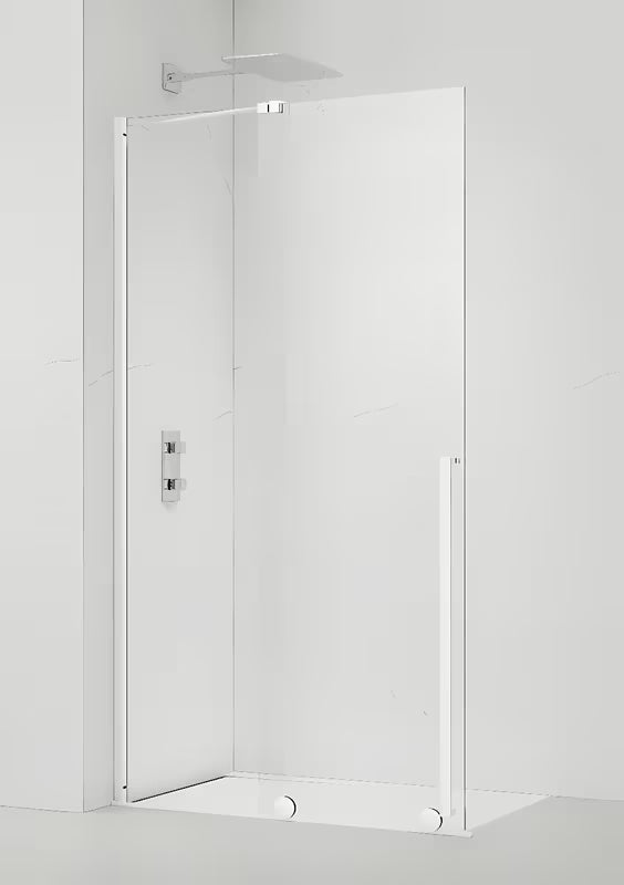 Walk-in tuš stena SAT Xmotion 140 cm z belimi profili in prozornim steklom brez dekorja