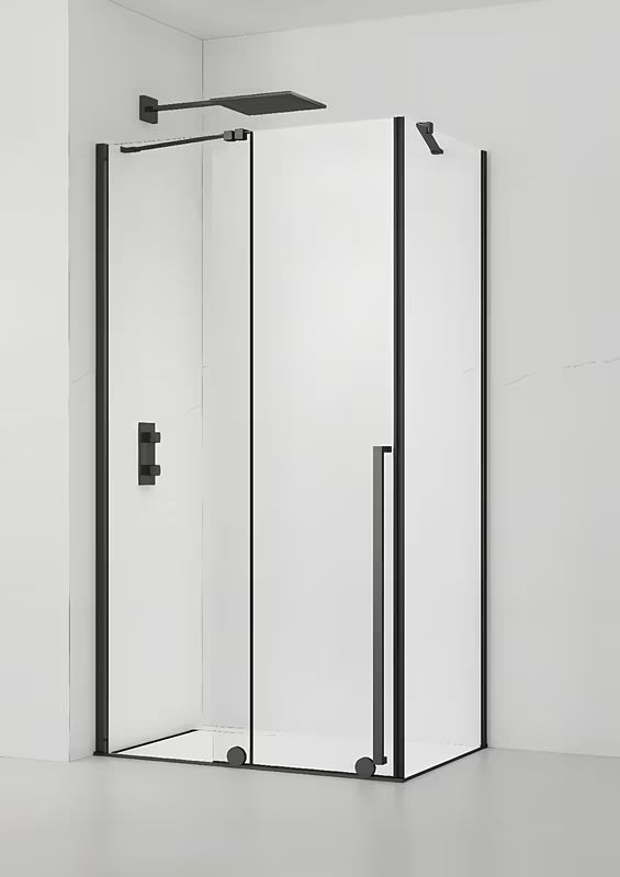 Tuš kabina SAT Xmotion 140x90 cm v črni izvedbi s prozornim steklom in drsnim odpiranjem