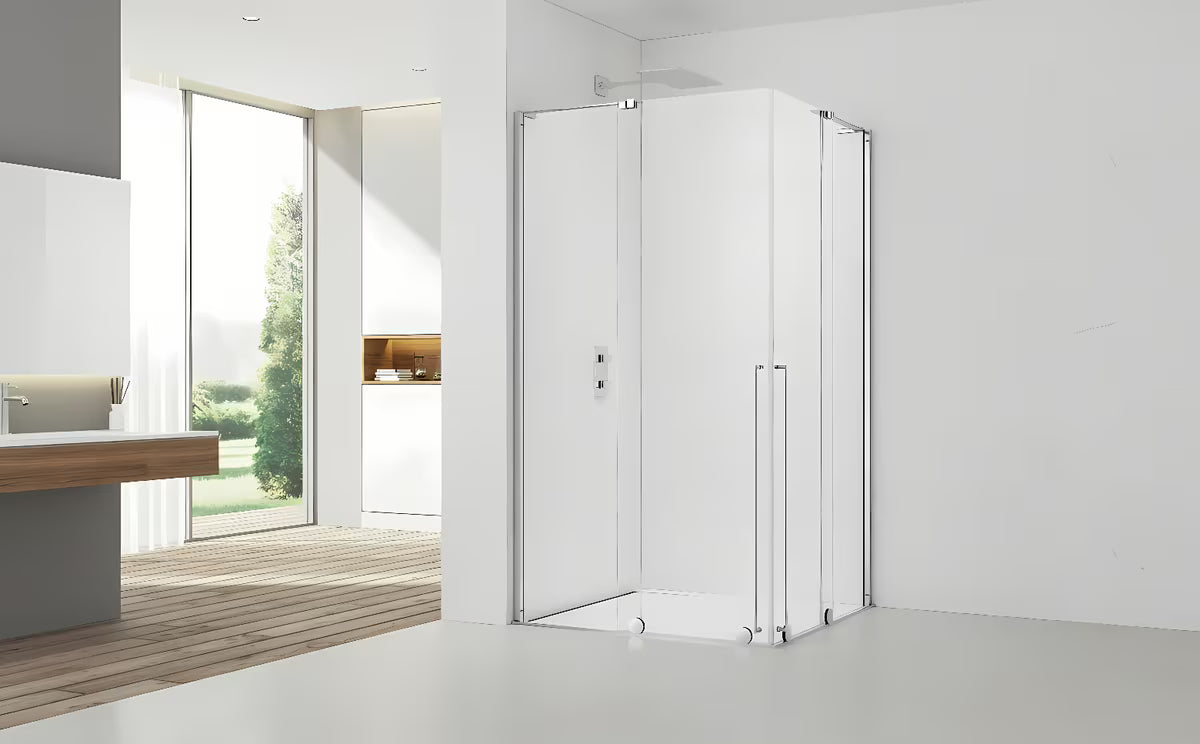Kvadratna tuš kabina SAT Walk-In Xmotion 140x140 cm z drsnimi vrati in prozornim steklom v sijaj kromu