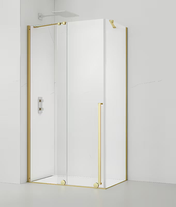 Tuš kabina SAT Xmotion 140x80 cm s prozirnim staklom i sjajnim zlatnim profilom, drsno izvedba.