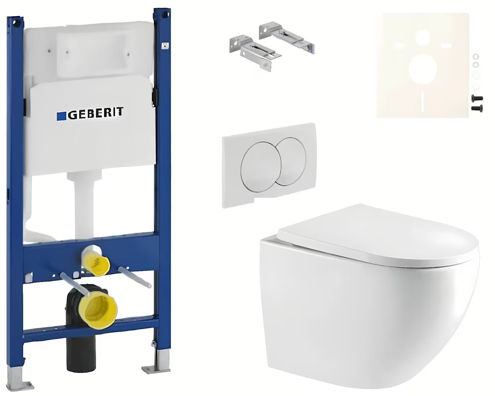 Viseči WC set SAT s modulom Duofix, vodokotlićem Geberit i tipkom za ispiranje Delta u bijeloj boji.