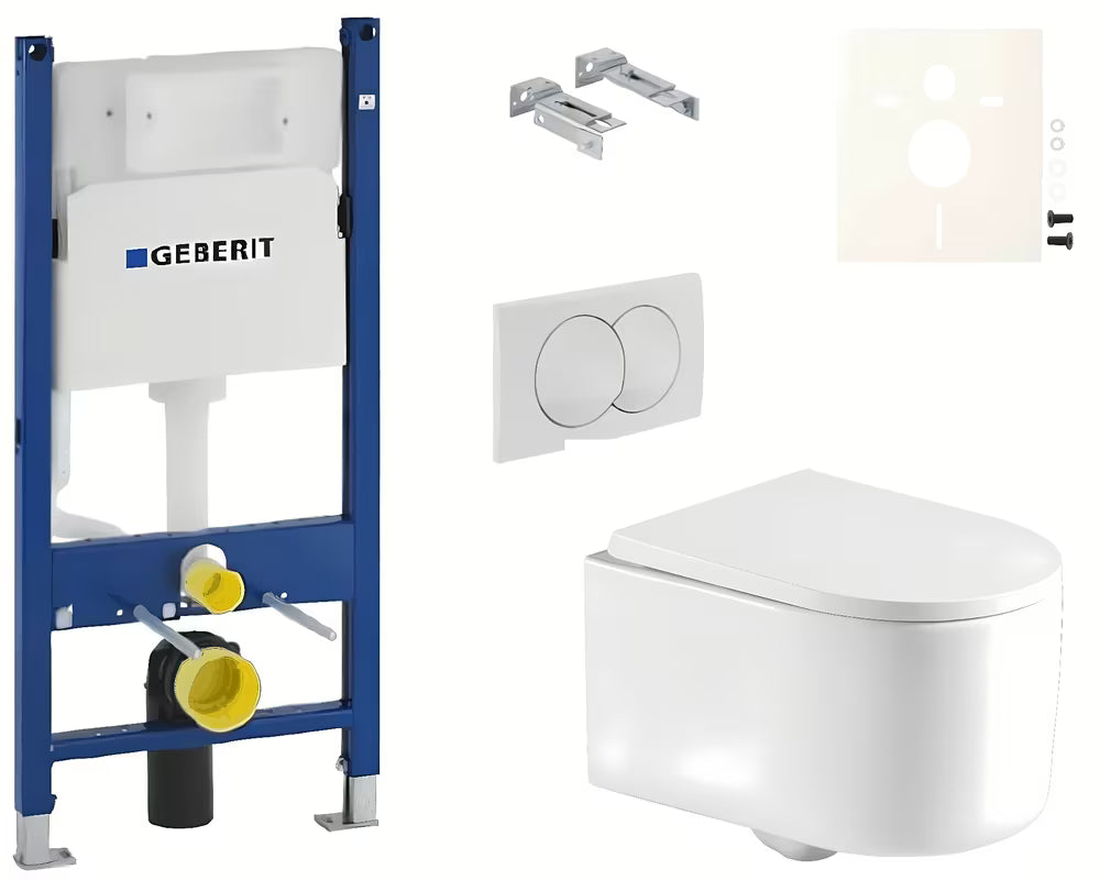 Viseči WC set SAT Tornado s vrtložnim ispiranjem, modulom Duofix, vodokotlićem Geberit i tipkom Delta u bijeloj boji.