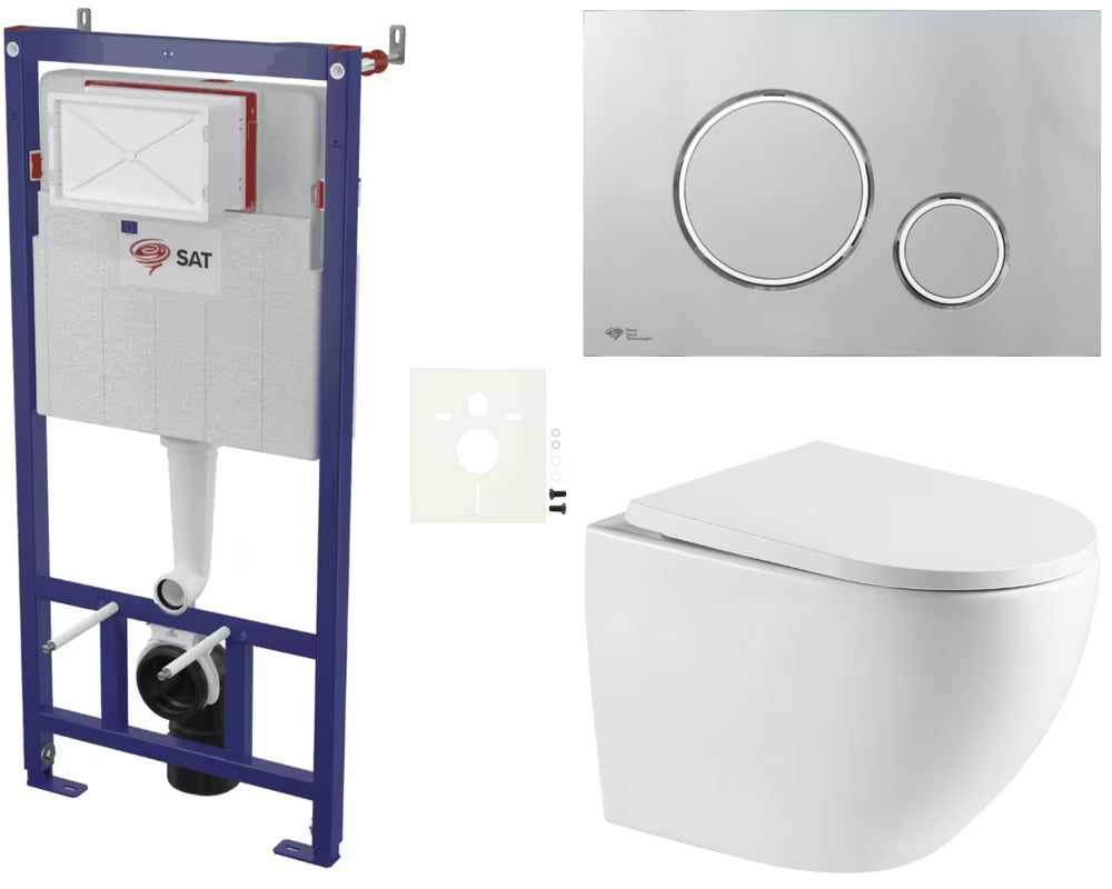 Viseči WC set SAT s modulom za lagane zidove, vodokotlićem, tipkom za ispiranje u sjajnom kromu i duroplast sjedalom.