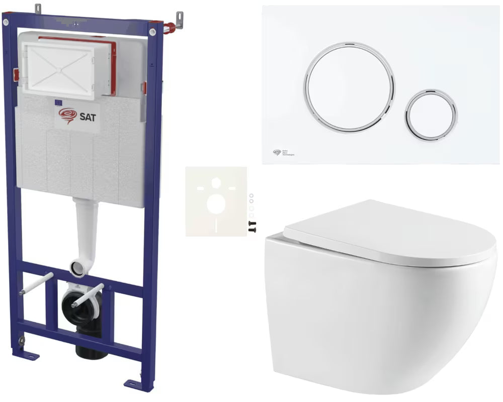 Viseči WC set SAT s podžbuknim modulom, štedljivim ispiranjem i mat bijelom tipkom za ispiranje.