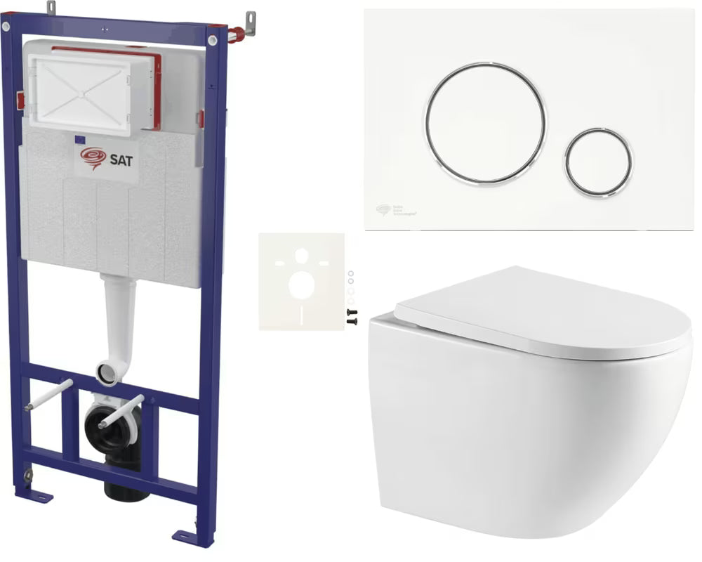 Viseči WC set SAT Fusion s vrtložnim ispiranjem, vodokotlićem i tipkom za ispiranje modernog dizajna.