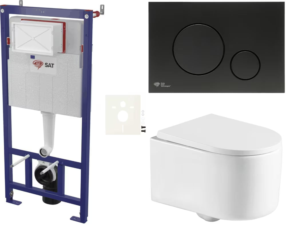 Viseči WC set SAT Tornado s vrtložnim ispiranjem, modulom, vodokotlićem, crnim mat tipkalom i sjedalom mehko Zapiranje Soft Close.
