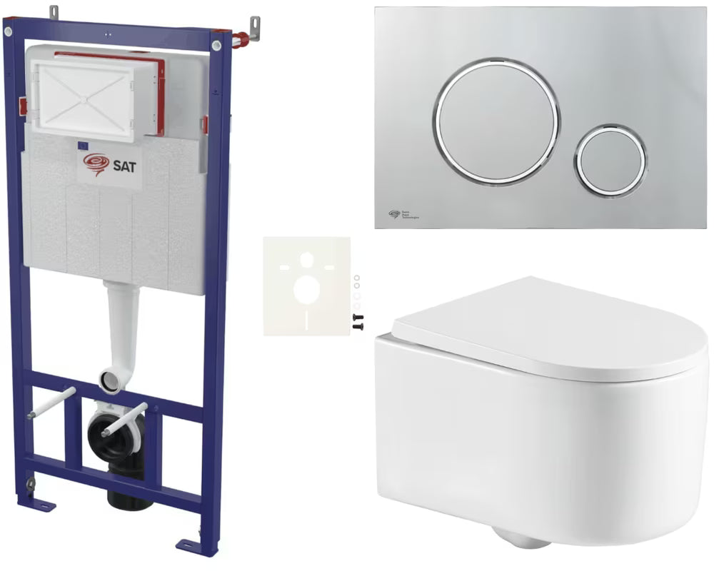 Viseči WC set SAT Tornado s vrtložnim ispiranjem, instalacijskim modulom, tipkom krom sjaj i sjedalom mehko Zapiranje Soft Close.