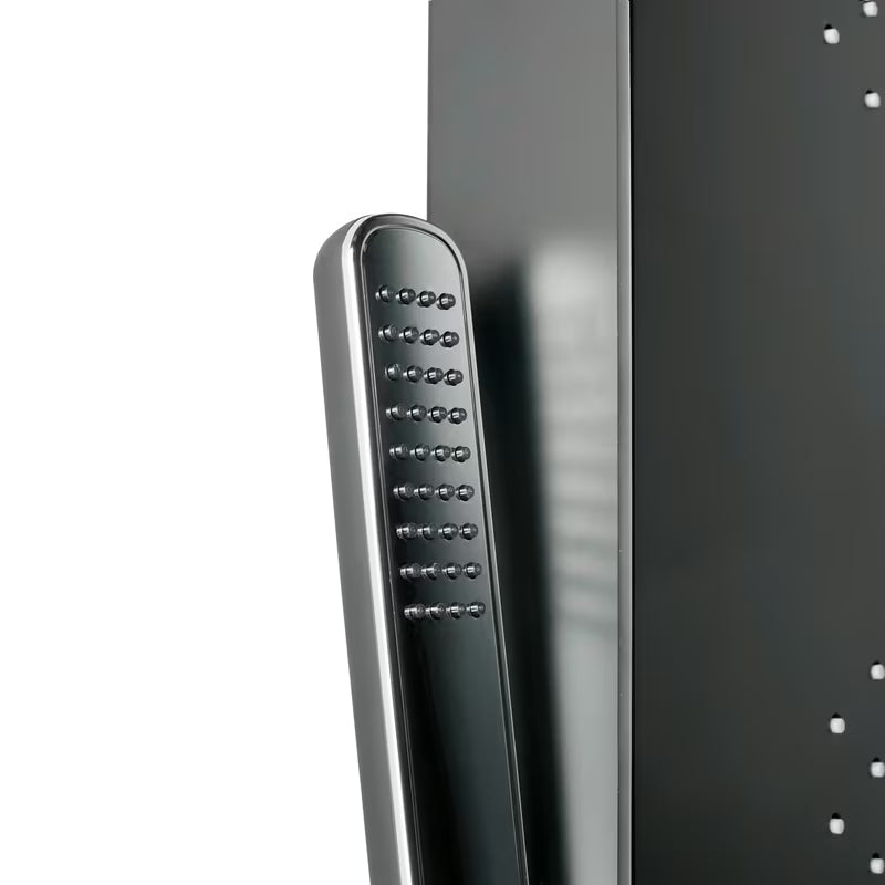 Črn tuš panel SIKO s 4 funkcijami, vključno z nadglavno in ročno tuši, slapom in masažnimi šobami.