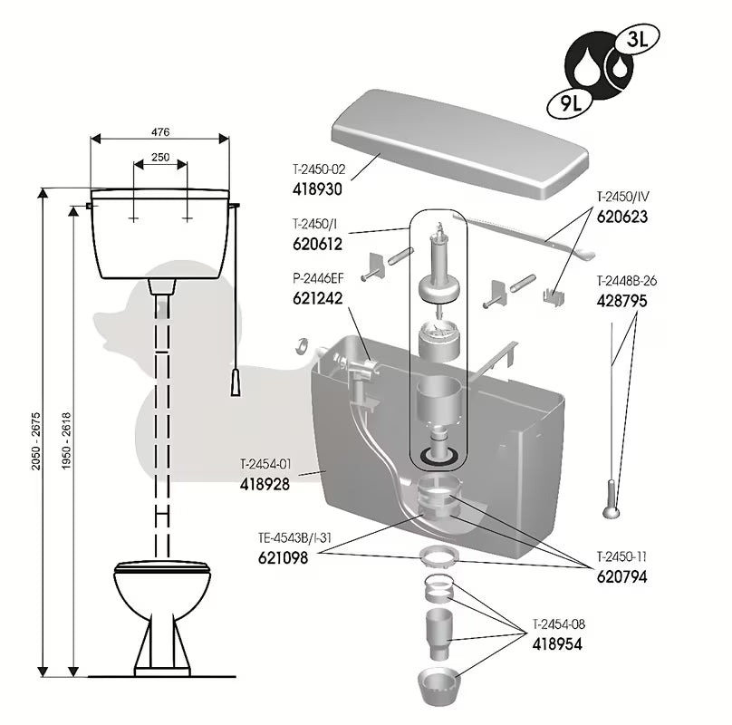 Plastični vodokotlić za WC pro za visoku montažu s poteznim ispiranjem