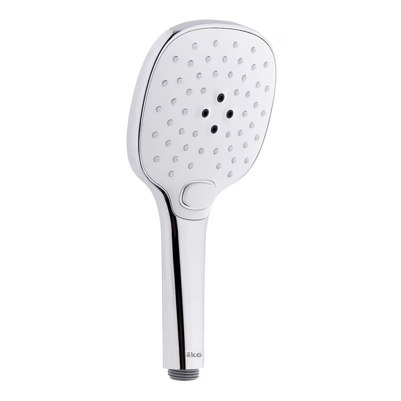 Bela ročna prha SIKO s kromiranimi elementi, premer 12 cm, s 3 načini pršenja in preklopnim gumbom pro.