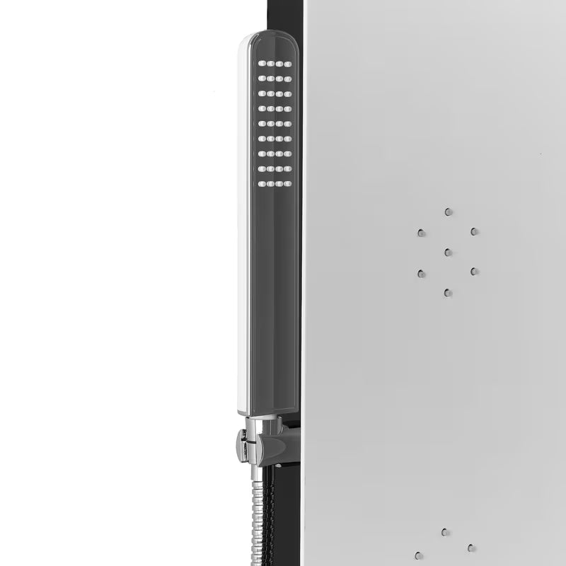 Bijeli tuš panel SIKO Alushower s 4 funkcije, uključujući nadglavnu i ručnu tuši, slap i masažne mlaznice.