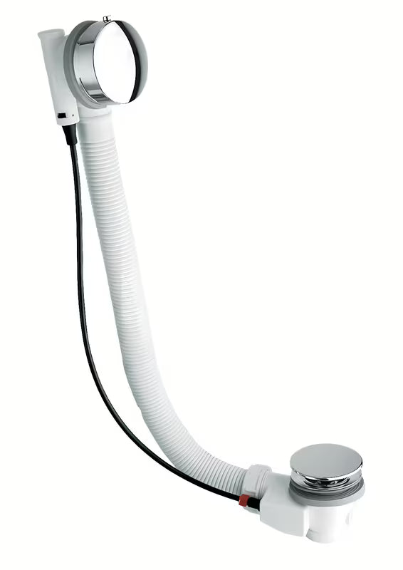 Kromirani sifon za kad avtomatik duljine 70 cm između preljeva i odvoda s metalnim upravljačkim kotačićem.