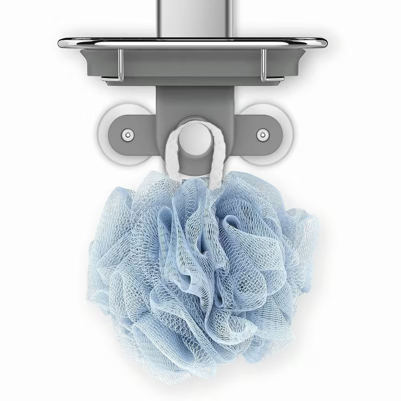 Tuš polica Simplehuman Shower caddy iz nerjavnih materialov z nastavljivimi policami in priseski pro za stabilno pritrditev.
