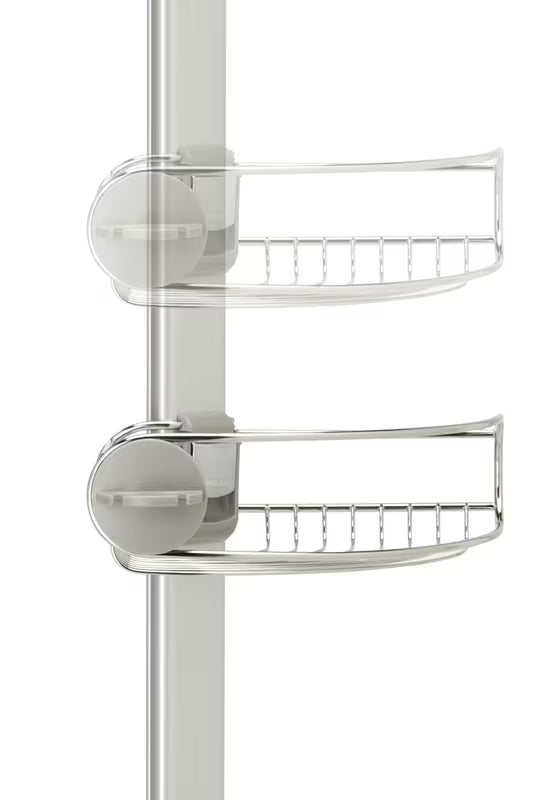 Nastavljiv tuš palica Simplehuman Shower caddy z žičnatimi policami kotna v izvedbi iz nerjavnega jekla.