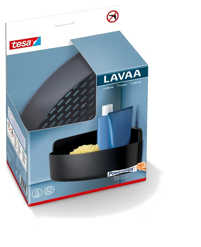 Kotna tuš polica Tesa v mat črni barvi z montažo brez vrtanja s sistemom Powerstrips Waterproof.