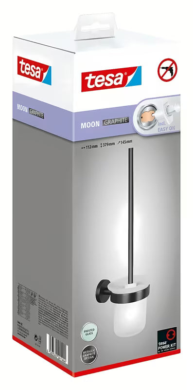 Tesa WC ščetka v krtačeni izvedbi hard graphite z montažo brez vrtanja Power.Kit in mat stekleno posodico