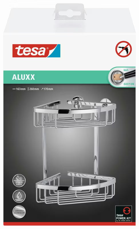 Kromiran kotni žični koš Tesa Aluxx za tuši z montažo brez vrtanja tesa Power.Kit.