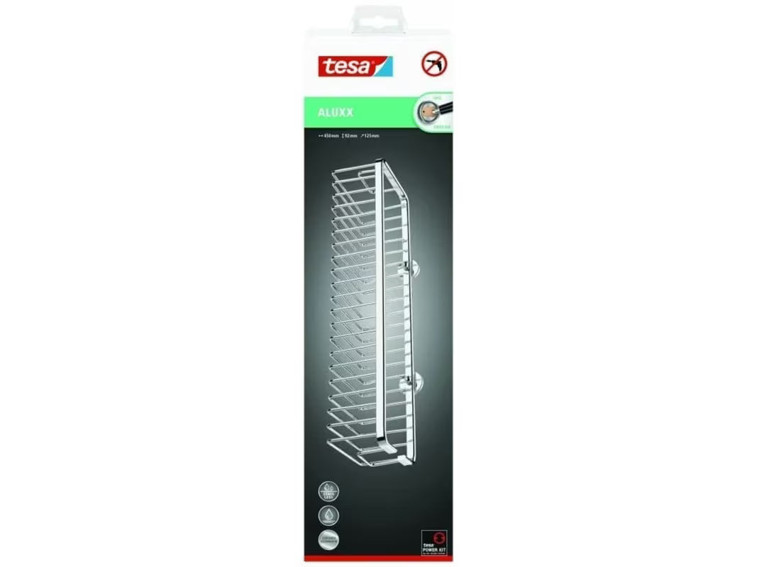 Kromiran širok koš za tuši Tesa Aluxx z montažo brez vrtanja s tehnologijo tesa® Power.Kit.