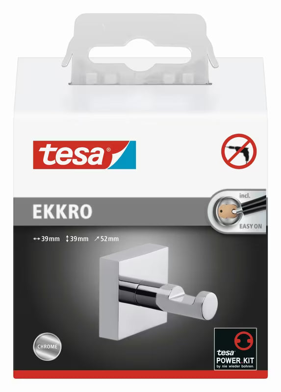 Kromiran samolepilni kavelj Tesa Ekkro z oglatim dizajnom pro za obešanje brisač brez vrtanja.