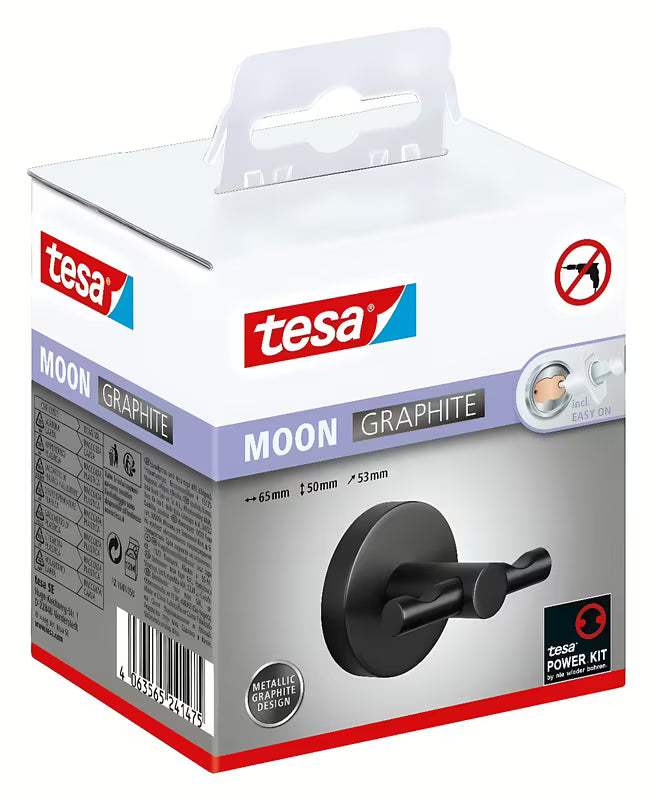 Metalni kavelj za ogrtač Tesa u brušenoj izvedbi hard graphite s ljepljivom montažom bez bušenja