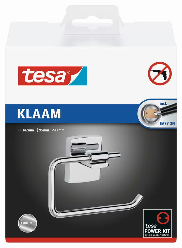 Kromiran držalo za toaletni papir Tesa Klaam s samolepilno montažo Power.Kit brez vrtanja