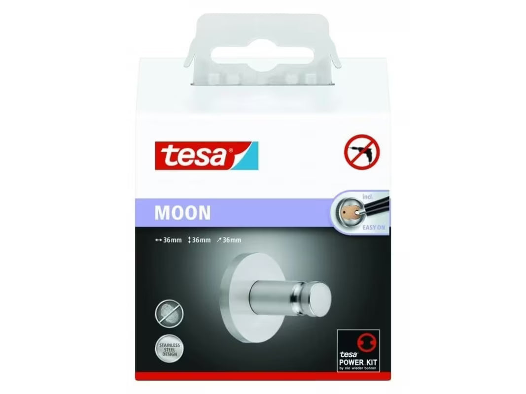 Stenski kavelj Tesa Moon iz krtačenega jekla pro za brisače in kopalne plašče z montažo brez vrtanja