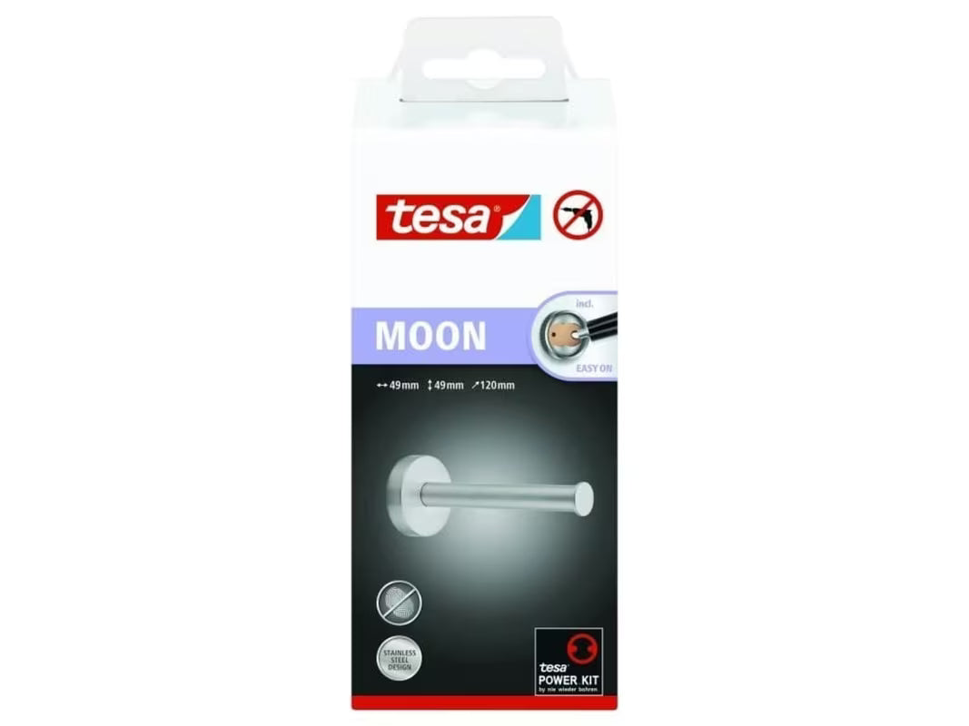 Držalo za toaletni Papir Tesa Moon v videzu brušenega jekla z montažo brez vrtanja Power.Kit.