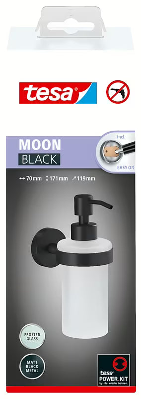 Tesa Moon Black dozirnik za milo iz satiniranega stekla z mat črnim nosilcem pro, montaža brez vrtanja