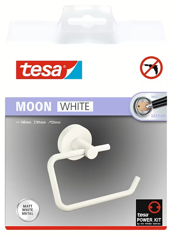 Mat belo držalo za toaletni papir brez pokrova Tesa Moon Black z lepilno montažo tesa® Power.Kit