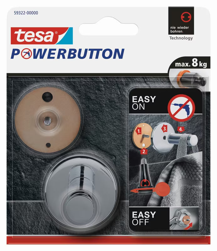 Kromiran kavelj Tesa powerbutton pro za montažo brez vrtanja na gladke površine v kopalnici in kuhinji.
