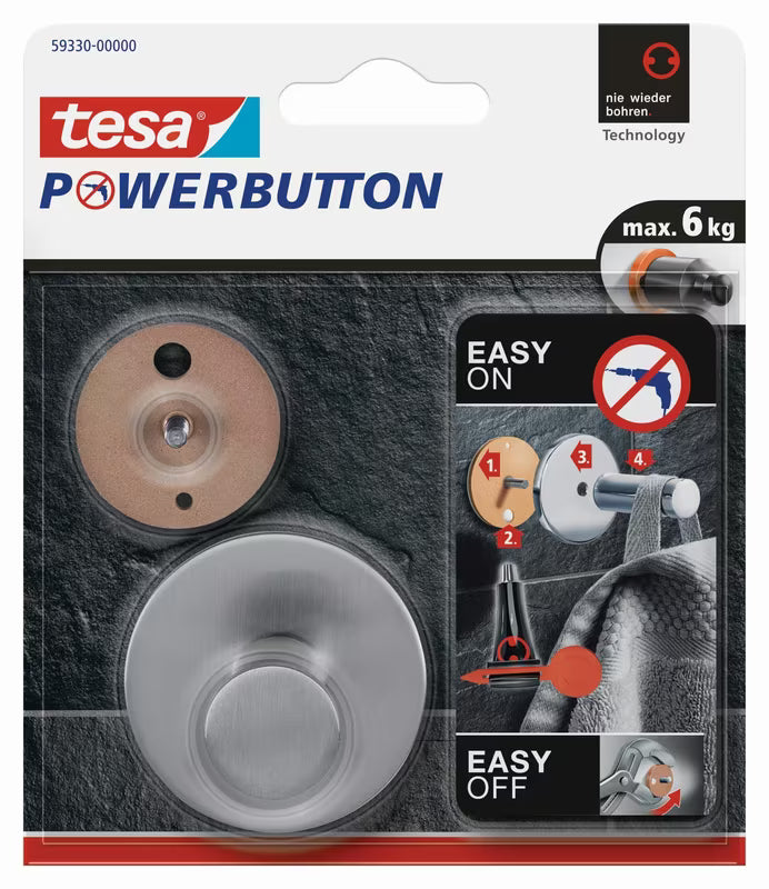 Tesa powerbutton Classic kovinski kavelj iz krtačenega jekla pro montaža brez vrtanja na ploščice.
