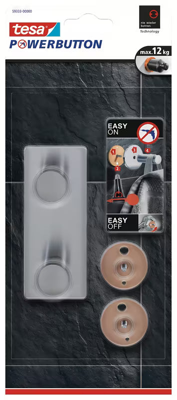 Dvojni Kavelj Tesa powerbutton od brušenog nehrđajućeg čelika pro montaža bez bušenja na tvrdim površinama.