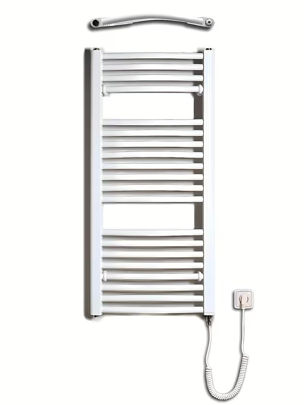 Bijeli električni cijevni radiator Thermal Trend KDOE 450x960 mm s grijaćim štapom i kabelom za utičnicu.