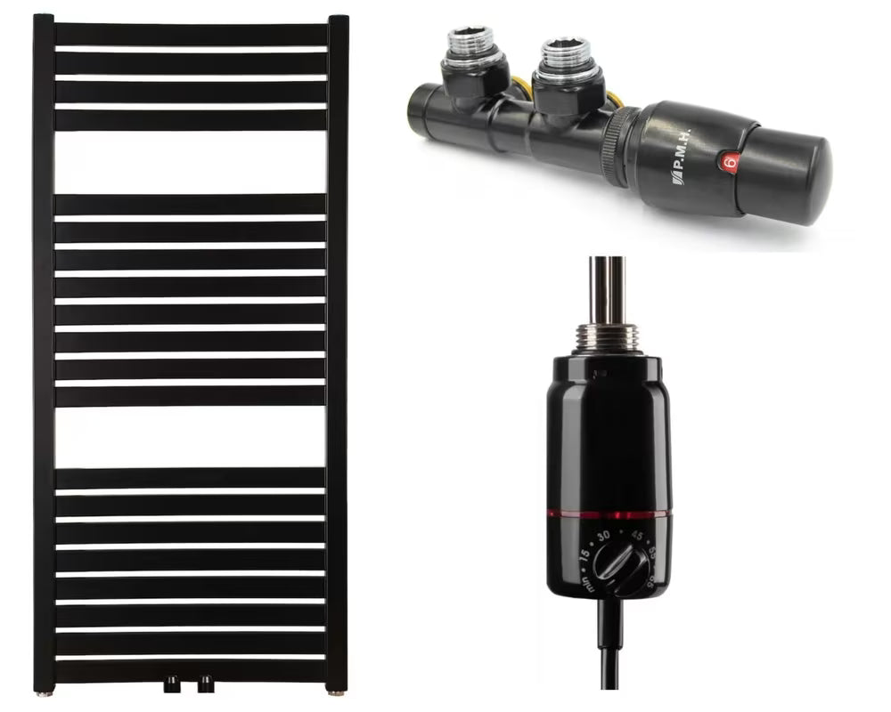 Kombiniran radiator Thermal Trend KH 45x97 cm v mat črni barvi s sredinskim priklopom