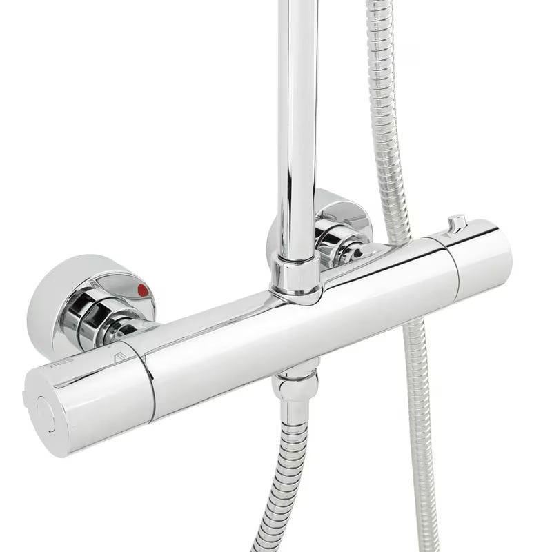 Tušni sistem Tres Base Plus s termostatsko armaturo v izvedbi chrome z nadglavno in ročno prho.