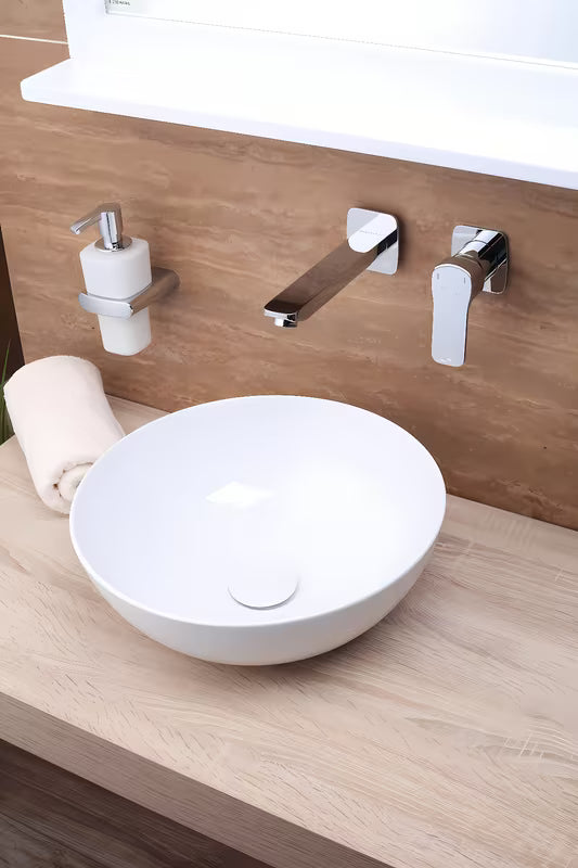 Beli umivalnik na ploščo Triomini Slim 38,5 x 38,5 cm iz tankostenske keramike