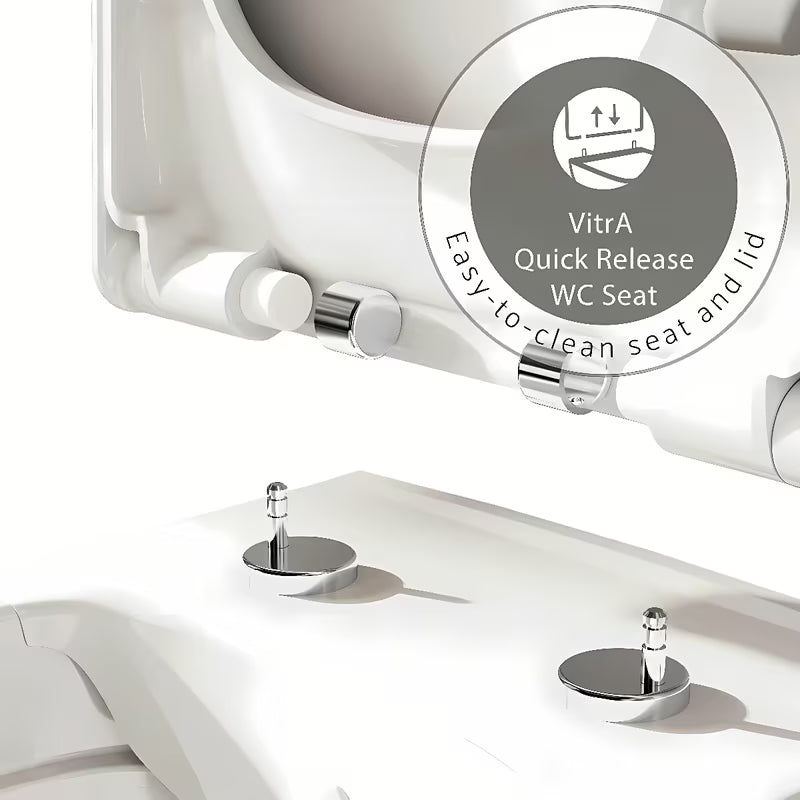 Bela WC deska Vitra Integra iz duroplasta z mehko Zapiranje Soft Close in kovinskimi tečaji s skritim pritrjevanjem.