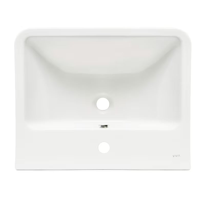Beli viseče keramični umivalnik vitra Integra 55x45 cm z odprtino pro za armaturo na sredini in prelivom.