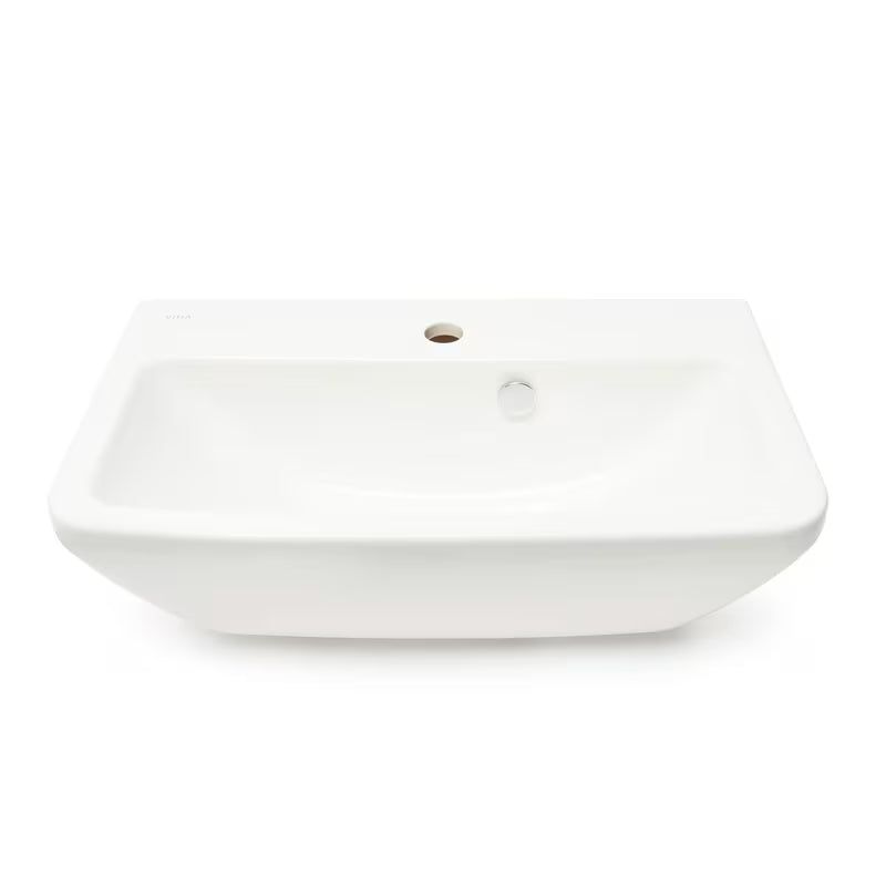 Bijeli viseči umivalnik Vitra Integra 60x36 cm od keramike s otvorom za pro slavinu u sredini i preljevom.